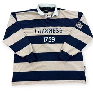 Vintage Guinness Rugby Shirt Men's 2XL Black Beige Stripe Long Sleeve Classic